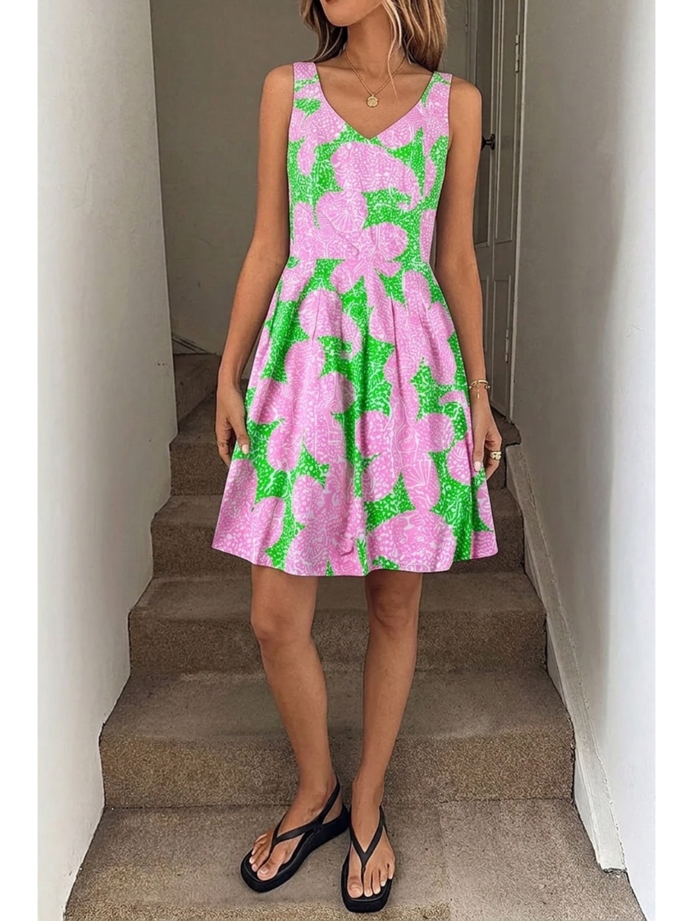 Lilly Pulitzer Pink Green Citrus Print Pleated Fit Flare Dress Size 4 EUC